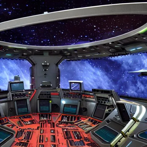 Prompt: Command deck of an alien spaceship realistic set in center with window to space