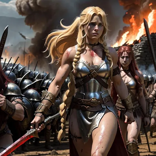 Prompt: A highly detailed epic fantasy image of a young barbarian woman walking through a bloody battlefield full of bloody fallen foes corpses. She is young and beautiful but also bloody and dirty. She has medium length blonde hair with a long red streak running through it. Her body is athletic and slightly muscular. A small village burns in the background to emphasize the brutality of the battle. She is wearing barbarian animal skins, with a broadsword in her right hand. The whole scene should be visible with her centered in it. She should have highly detailed hair, a highly detailed body, and a highly detailed face. The scene should be hyper detailed with appropriate lighting, vivid colors, perfect composition, and have highly intricate detail.