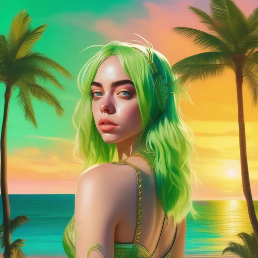 Prompt: fantasy art, digital painting, D&D character portrait of Billie Eilish as a goblin, {{green skin}}, {{large ears}}, full body, golden filigree intricate details, panned out, highest quality, beautiful sunny day, tropical shoreline vaporwave background, palm trees, 