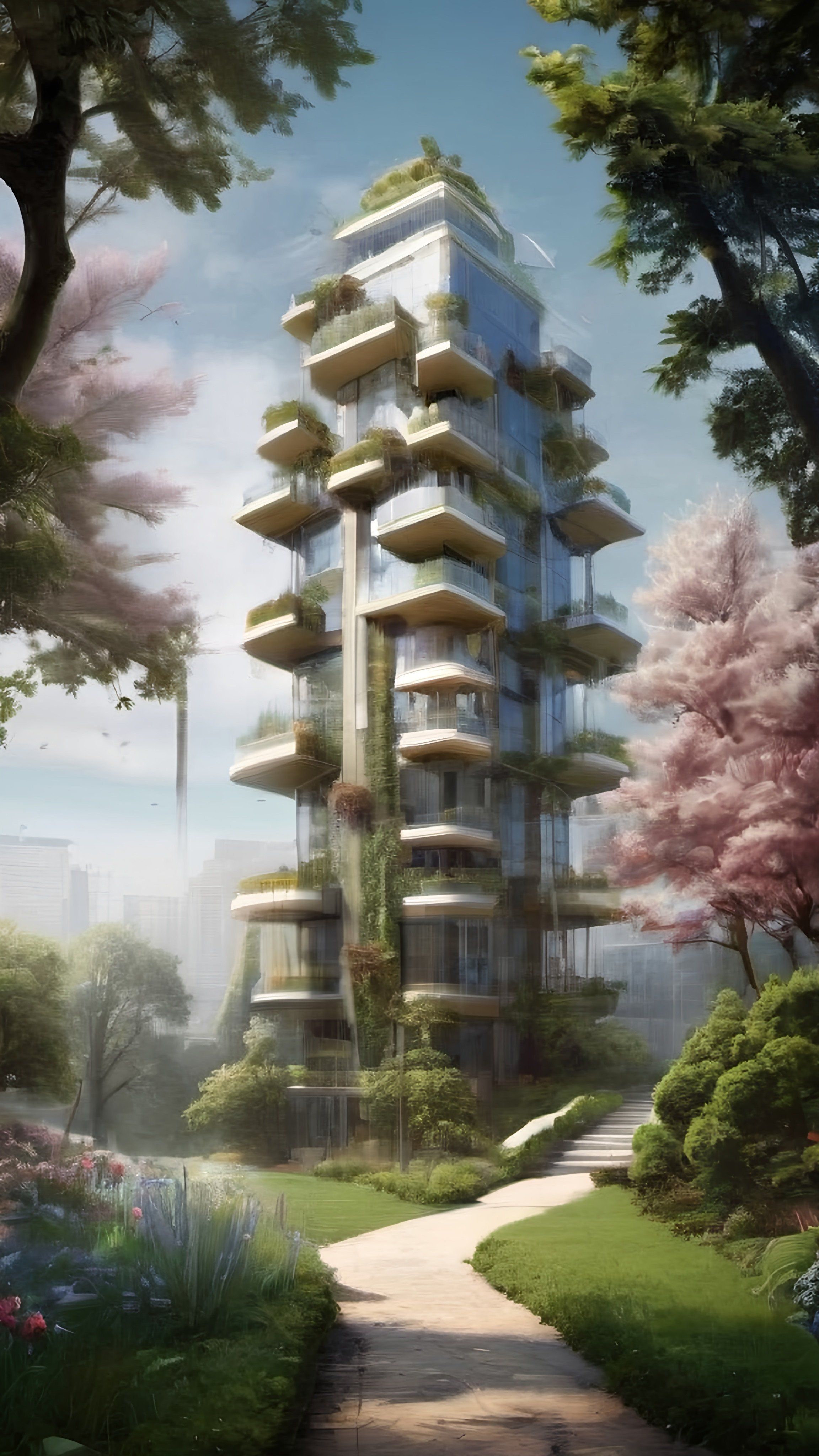 Prompt: a tall building with balconies on the top of it in a park with trees and flowers on the ground