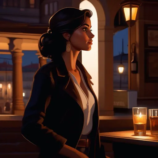 Prompt: Third person, gameplay, Portuguese girl, olive skin, brown hair, brown eyes, 2020s, Porto at night, warm atmosphere, cartoony style, extremely detailed painting by Greg Rutkowski and by Henry Justice Ford and by Steve Henderson 