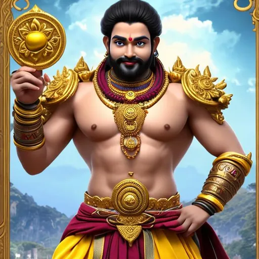 Prompt: a man having sudarshan chakra and mace and lotus in hands, yellow loincloth, golden ornate, blue skin color, cute face, soft body, de noise, hyper realistic, front pose, RTX, detailed, elegant, smile,