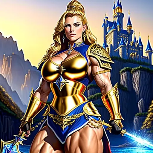 Prompt: UHD, hd , 8k,  oil painting, hyper realism, fantasy,  
((fantasy medieval castle background))((army of knights in the background))
Very detailed, female bodybuilder muscular huge character zoomed out view, face is visible , 
full body of character in view, female barbarian queen with 
blonde hair wearing a golden armor((intricate gold armor)) wielding her great sword , she stand tall on her throne looking down and seducing eye stare, 