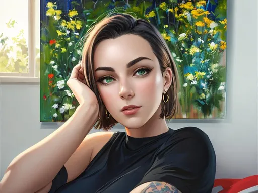 Prompt: oil painting, UHD,  8k, Very detailed, panned out view, whole character, beautiful Young adult, visible face, dark blue short Hair which is buzzed of at the right Side, she wears a black Tanktop, disgusted expression, green eyes, round face, simple background