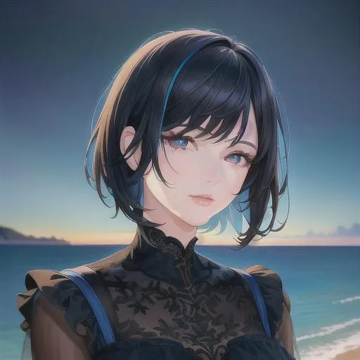 Prompt: (masterpiece, illustration, best quality:1.2), head titled sideways, in the ocean, short trimmed black hair, qhite eyes, best quality face, best quality, best quality skin, best quality eyes, best quality lips, ultra-detailed eyes, ultra-detailed hair, ultra-detailed, illustration, colorful, soft glow, 1 girl