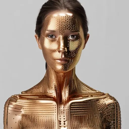 Prompt: Artificial Intelligence face body números chip gold 