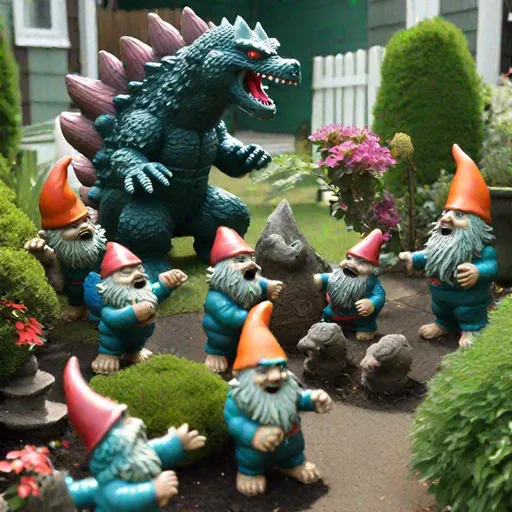 Prompt: Godzilla  attacking several  Garden Gnomes