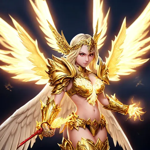 Prompt:  full body, attractive, blonde, angel, intricately detailed face, glowing eyes, belly, glowing wings made of sunlight, glowing gold wings, flying, battle pose, red eyes, battle axe, enticing scarlet armor, red steel, intricate detail, masterpiece, 4k render