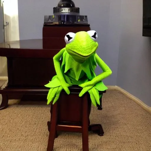 Prompt: pollard full body shot of kermit dressed as a banker 
realistic