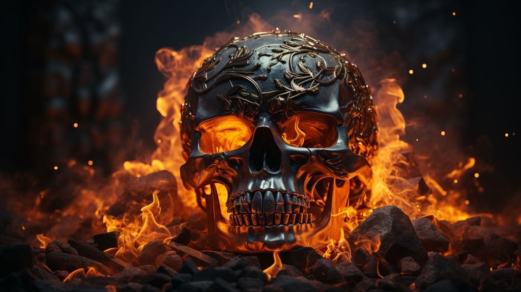 Prompt: metallic skull on burning charcoal