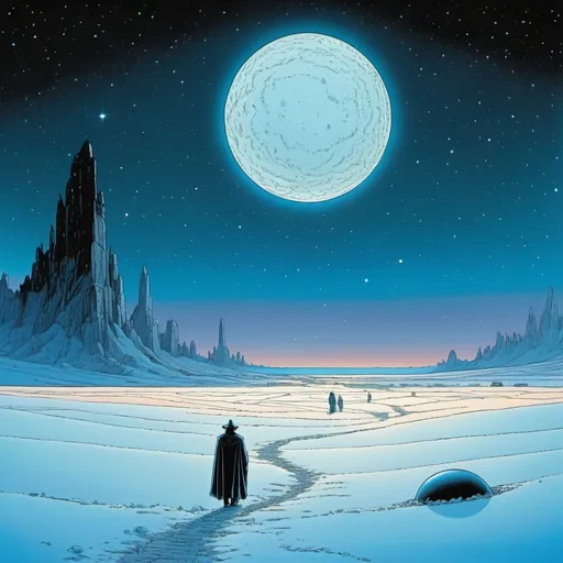 Prompt: Icy alien plain under pitch black starlit sky, comic illustration in style of Moebius, Jean Giraud