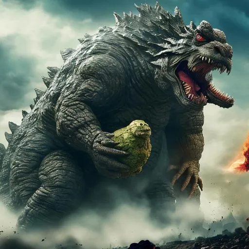 Prompt: A large potato monster fighting Godzilla 
