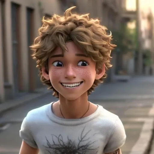 Prompt: Imagine: a happy young boy with blonde curley hair and brown eyes Scene: walking down the streets showing his whole body Style: Super realistic
