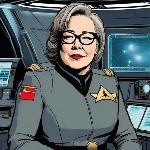 Prompt: Kathy Bates wearing glasses dressed as a Starfleet officer on a starship. Jay anacleto style.