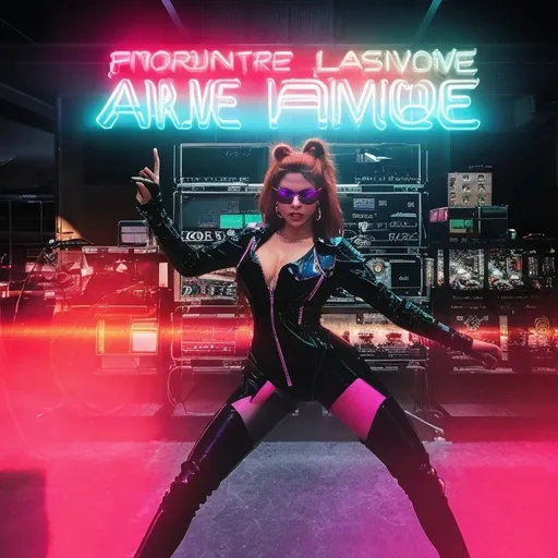 Prompt: a beautiful female demon in a dynamic pose in a retro futuristic synthwave cyberpunk neon paradise.  neon lighting, high quality, beautiful, synthwave, cyber, retro, futuristic