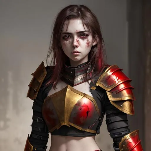 Prompt: beautiful young woman with sad golden eyes and a bruised face, wearing red and black half-plate armor with an exposed, bruised midriff