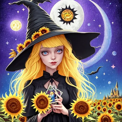 Prompt: witch with blonde hair, using tarot cards, wearing witch hat, cute, sunflowers, aesthetic, fairycore, disney, pixar, moon, stars, witchcraft, in a starry pastel sky,  garden, sweet, dreamy, award winning illustration, artstation, highres, realistic, glittering, colorful, vibrant, detailed, tim burton style, large blue eyes 