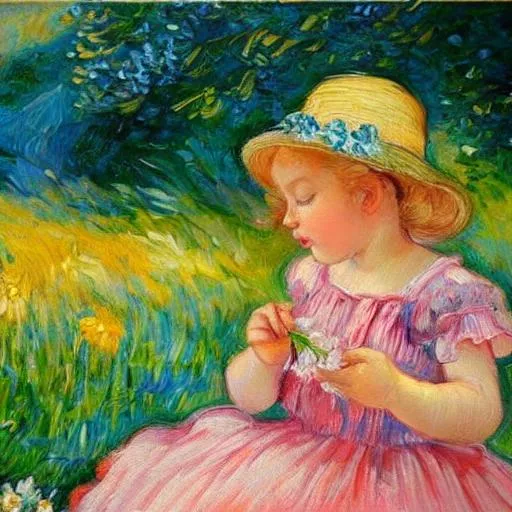 Prompt: Beautiful Romanian. Van gough style spring meadow flowers including blonde blue eyed Baby girl. Fine art. Welsh painting. Arianwen. Van gough painting meadow 