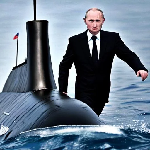 Prompt: Vladimir Putin wearing a black suit and riding on a nuclear submarine over the ocean.