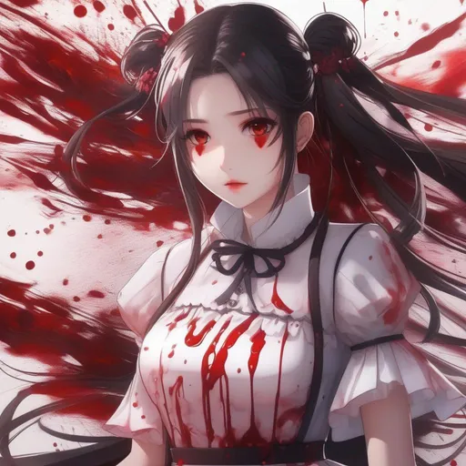 Prompt: 3d anime woman covered in blood brunette pigtails hair and white dress covered in blood and beautiful pretty art 4k full HD