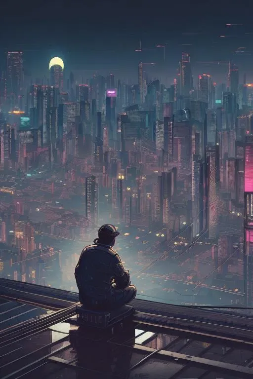 Prompt: A middle-aged worker leaned against a chair, sitting on the edge of the rooftop , holding a beer in his hand, admiring the distant Cyberpunk style night view of the future city