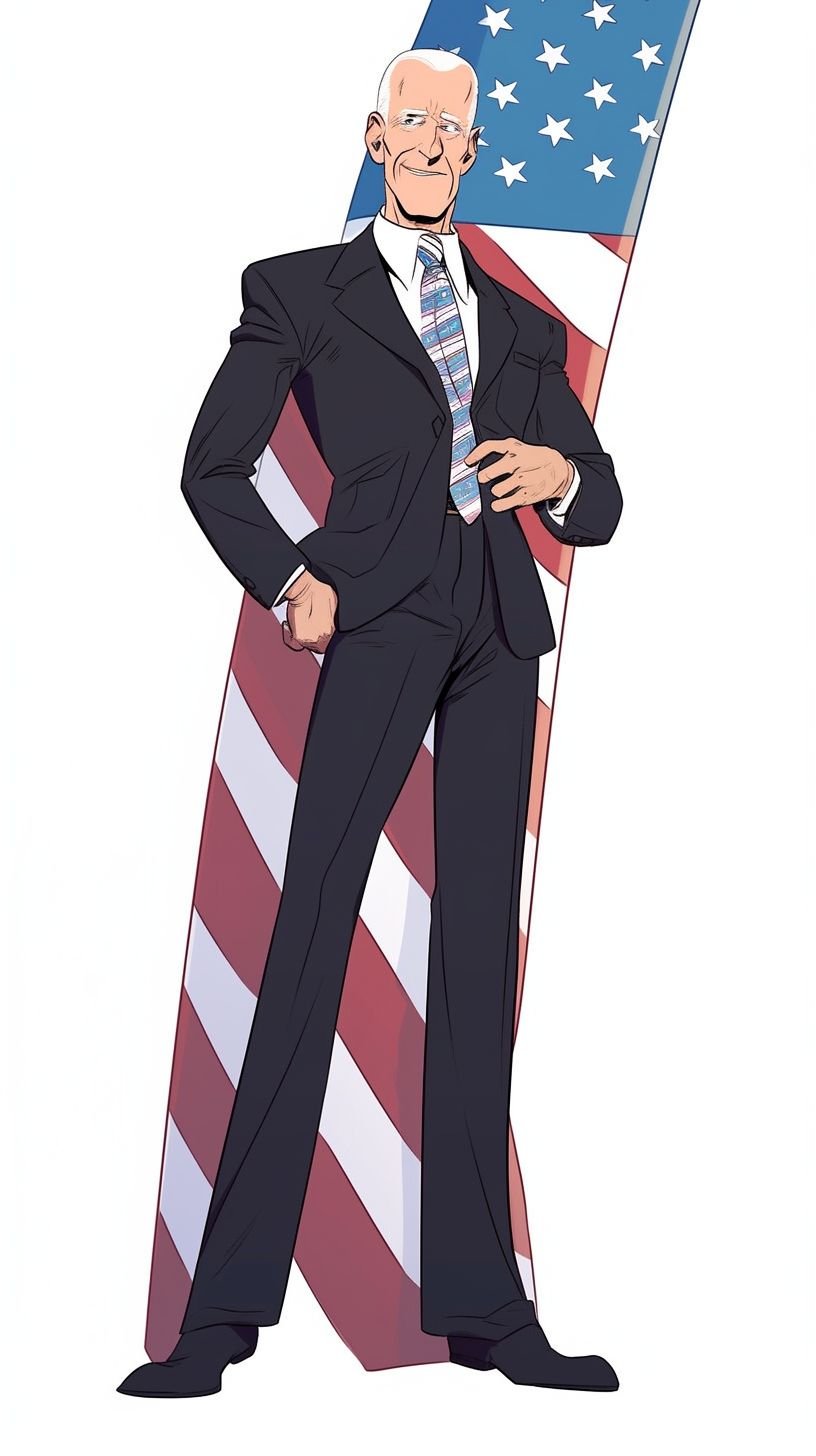 Prompt: Joe Biden drawn in the style of a tall lanky anime character with long legs and a very thin torso, transforming into a magical girl like sailor moon, infront of a large American flag, --niji 5 --style expressive --ar 9:16