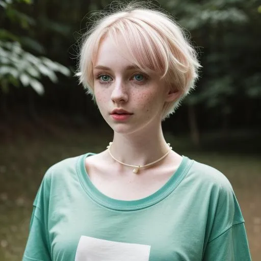 Prompt: A woman, pale skin, collar, partially green hair, short hair, oversized t-shirt, blue eyes, happy, blushing, cosy, moody, flat chest, freckles, cute looking, masterpiece, nature, masterpiece, hd quality,