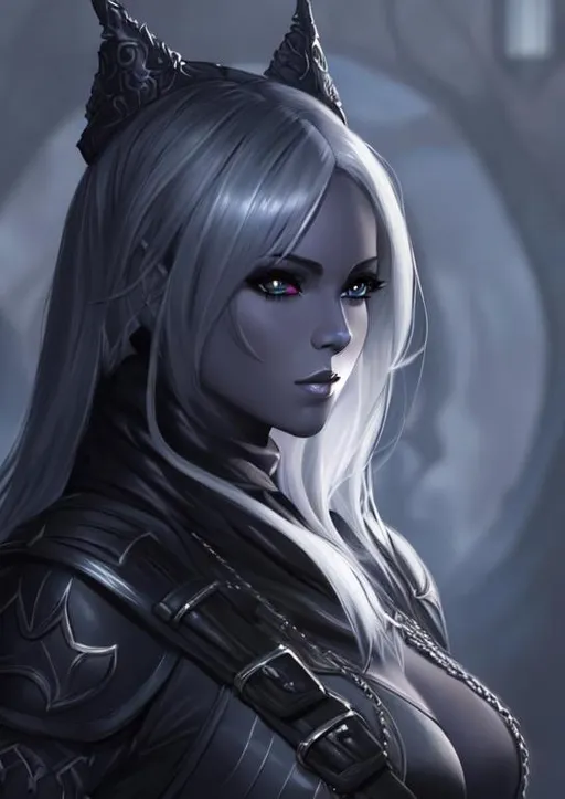 Prompt: A beautiful thief from the D&D Circle of Stars, perfec eyes, full body character portrait, dark fantasy, detailed realistic face, digital portrait, fiverr dnd character, beautiful female Drow, gray skin, wearing leather armor.