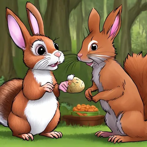 Prompt: / creat prompt Rosie the rabbit overhears Sammy the squirrel talking and is astonished by this newfound ability.
