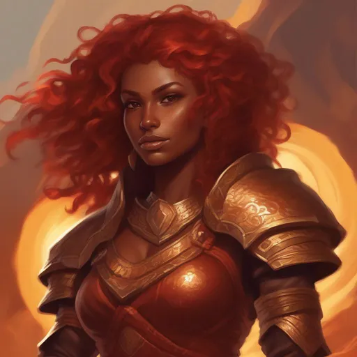 Prompt: dnd a dwarvern woman with red fiery flowing curly hair with dark tan skin wearing bronze armor sun goddess 