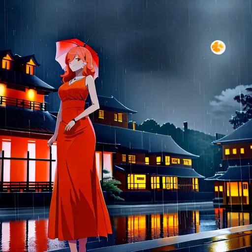 Prompt: Orange Cat, rose, night, moon, anime, city, train, landscape photography, rain
