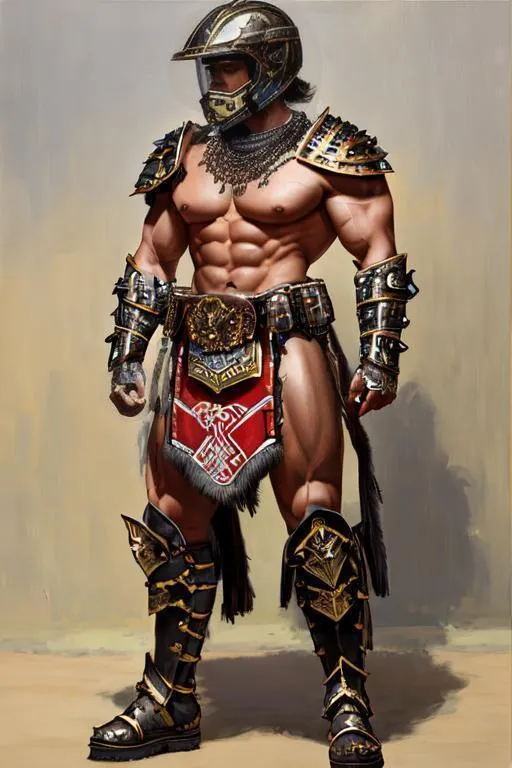 Prompt: oil painting, full body, bare chested strong muscular, male warrior character, has a motocross helmet wears a long skirt made of leather and metal, wears gauntlets and armored boots,