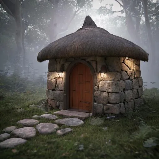 Prompt: A small hut hidden in the middle of a forest with a stone wall in a fantasy style