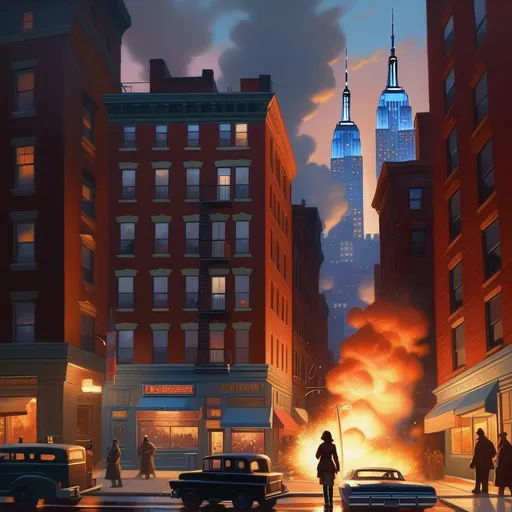 Prompt: Third person shooter, female protagonist, explosions, New York, cartoony, cold night atmosphere, extremely detailed painting by Greg Rutkowski and by Henry Justice Ford and by Steve Henderson