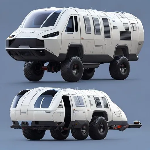 Prompt: Transport vehicle for the future human inhabitants to use on the surface of the moon, this has to be spacious, comfortable, have beds inside, have bathrooms and be able to have a fortnite truck-style shape. give them a vintage color, this is a familiar vehicle. This have to can fly and have a lot of space for food for 10 years, a generator and solar panels