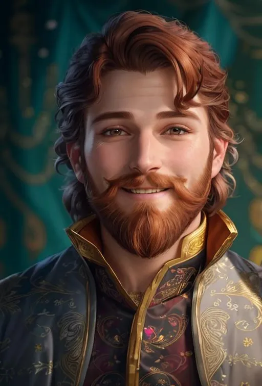 Prompt: A handsome bard with bright auburn hair, close cut beard, no mustache, a bit of grey hair on his sideburns, a warm smile and a happy look on his face. He is wearing a set of fine multicolored silk clothes with intricate designs of silver and gold engraved on them. Portrait. Bright tavern stage in the background.