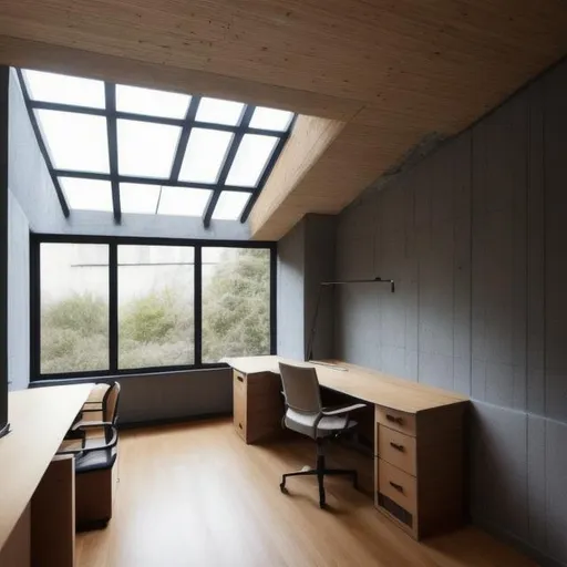 Prompt: cozy brutalist architecture home office with furniture and lots of natural light coming from skylight

