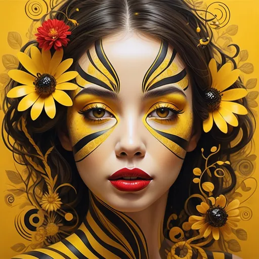 Prompt: (art masterpiece) Surreal portrait, beautiful and attractive woman, face crafted from yellow and black lines resembling a bee pattern, large striking red lips, adorned with vibrant yellow decorations and flowers, ethereal ambiance, intricate details, dreamy background, expressive and captivating vibe, warm color tones, high depth, ultra-detailed, visually stunning.