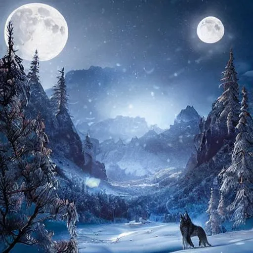 Prompt: Moon, wolf, colorful fantasy winter landscape, flowers, mountains, Epic cinematic brilliant stunning intricate meticulously detailed dramatic atmospheric maximalist digital matte painting