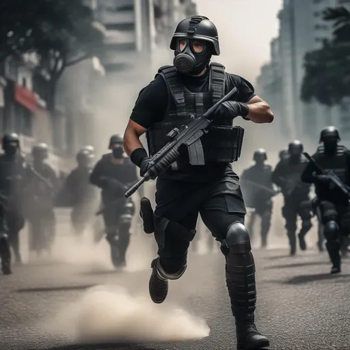 Prompt: a modern roman military male in black military roman armor, and gas mask, attacking Rio de Janeiro, Brazil, sharp focus, Professional, UHD, HDR, 8K, Render, electronic, dramatic, vivid, pressure, stress, traumatic, dark.