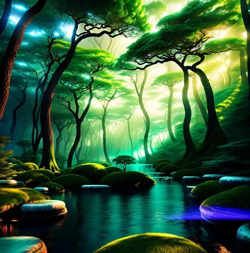 Prompt: 3D HD dramatic cinematic lighting [({one}{(Beautiful benevolent {goddess}female liquid}, expansive magical forest background, hyper realistic, 8K --s98500