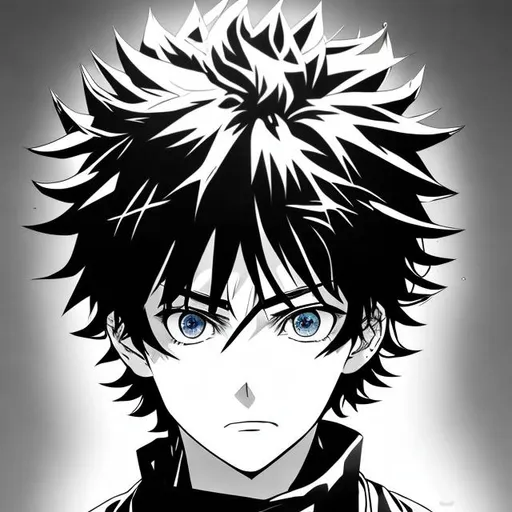 Prompt: boy, black ruffled hair, bright blue eyes with bags underneath, a dazed and tired expression, and teeth are noticeably sharp and angular., manga style, colored
