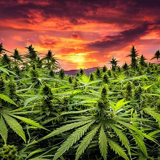 Prompt:  A lush cannabis sativa field under a golden sunset, with towering plants swaying in the gentle breeze. A group of experienced cultivators tends to the plants, carefully inspecting each leaf and bud for optimal growth and health.
Modifiers: Vibrant colors, natural lighting, organic, healthy foliage, serene atmosphere, thriving ecosystem, meticulous care, sustainable farming practices.

Artist or style inspiration: Draw inspiration from the works of Georgia O'Keeffe, renowned for her detailed botanical paintings capturing the essence of natural forms. Incorporate elements of realism and precision seen in the works of Vincent van Gogh, highlighting the intricate features of the cannabis sativa plant.

Technical specifications: Create a high-resolution digital painting showcasing the intricate details of the cannabis sativa leaves, capturing the play of light and shadow with exceptional clarity. Aim for a resolution suitable for large-format prints or digital displays.