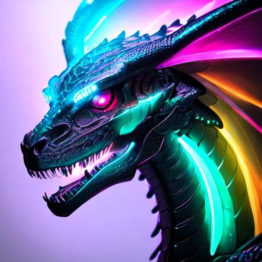 Portrait Of A Roaring Neon Skeleton Dragon With Irid 