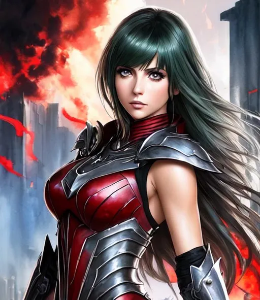 Prompt: Modern movie poster, a final fantasy watercolor full body concept art with Sarah Michelle gellar, dark green hair, realistic face, in red Dragoon Artifact armor, parted bangs, brown eyes, ethereal, jewelry set balayage wild hair, royal vibe, highly detailed, digital painting, Trending on artstation , HD quality, tan skin, Big Eyes,artgerm,by Ilya Kuvshinov 