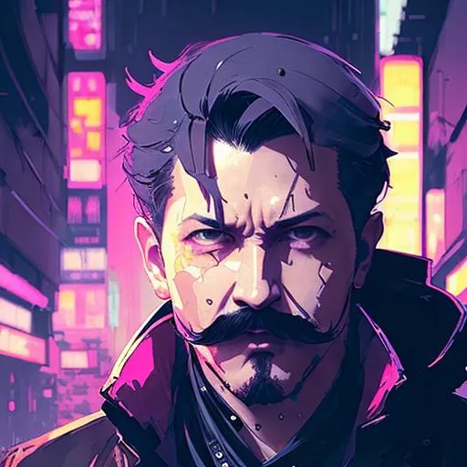 Prompt: man with mustache without beard, gray short hair, dramatic lighting, anime illustration by greg rutkowski, yoji shinkawa, digital art, concept art, cyberpunk, night city with pink neons