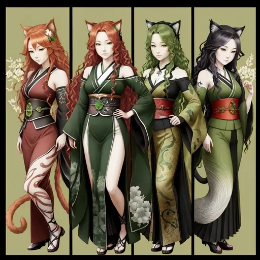 Prompt: Japanese ink art, Celtic woman, face with cat ears and tail, long red curly hair, detailed green eyes, detailed skin texture, full body view, detailed Japanese background, diffused lighting, delicate, artistic, beautiful, 