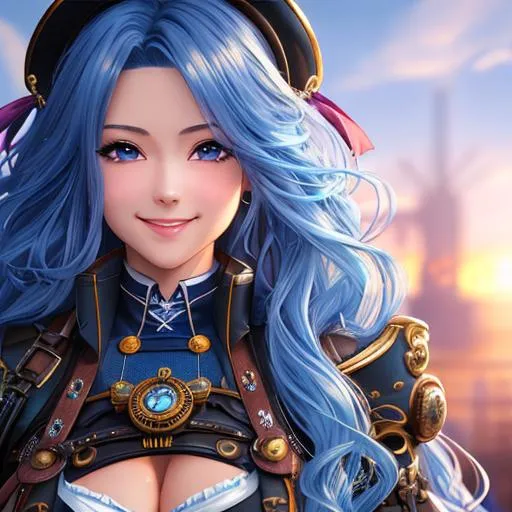 Prompt: extremely realistic, hyperdetailed, extremely long blue wavy hair anime girl, blushing, smiling happily, wears steampunk clothing, toned body, showing abs midriff, highly detailed face, highly detailed eyes, full body, whole body visible, full character visible, soft lighting, high definition, ultra realistic, 2D drawing, 8K, digital art