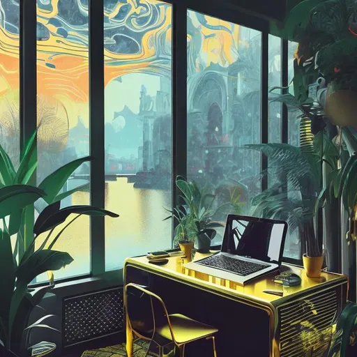Prompt: Sven, DJ, Swedish, Blonde, Beard, house plants, sunglasses, poncho, turtleneck, anime, psychedelic colors, Danish modern furniture, desktop background, gold, deep house music, baroque, Victorian, mirrors, reflections on water, the future, futuristic, vibes