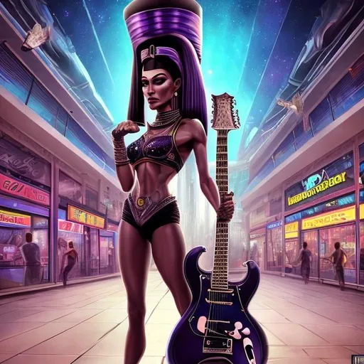 Prompt: Bodybuilding Nefertiti playing guitar for tips in a busy alien mall, widescreen, infinity vanishing point, galaxy background